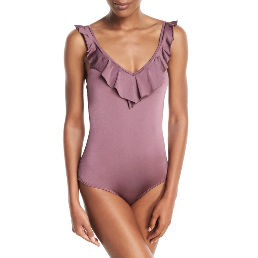 JETS By Jessika Allen Elegance Ruffle Trim One Piece Swimsuit Grape Purple US 4